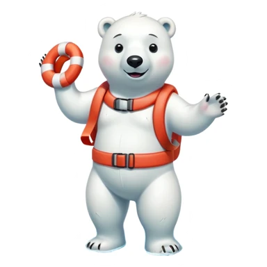 full body friendly anthropomorphised polar bear smiling wearing colorful swim suit and scuba goggles holding red and white life buoy standing in small puddle sticker