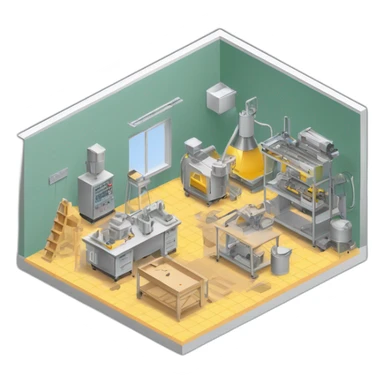 isometric square transparent solid outline border containing indoor creative workshop handmade factory 3 people actively working cnc machine tools vacuum simple clean industrial sticker