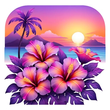 Iridescent tropical exotic beautiful pretty Purple pink and orange gradient hibiscuses sunset sunrise full scenery aesthetic deco sticker