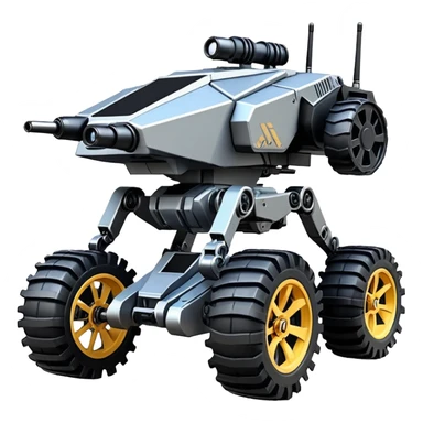 unstoppable jumping accurate 8-wheel armored canine sporty self-balancing massive mech trail vehicle shooting forward side-hill leaning actively robotically articulating hydraulic independent suspended pod gimbal enemy mech off-road racing rover with large fast engine RC basher crawler megatron  sticker