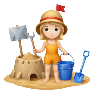 child with a bucket and shovel next to a sandcastle sticker