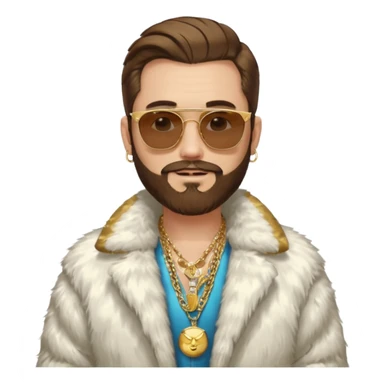 émoji blanc homme barbu, cheveux bruns collés au crane avec raie au milieu, grosses lunettes de soleil rectangulaires à grosse branches, gros bijoux en or (chaine, montre,) manteau de fourrure très fluffy sur les épaules sourire en coin, boucles d'oreilles sticker