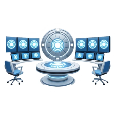 A futuristic workspace powered by an arc reactor, glowing blue and white, with holographic screens displaying creative content. Dynamic, high-tech, and inspired by Iron Man. sticker