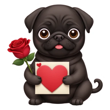 black pug holding valentine’s day card and flowers sticker