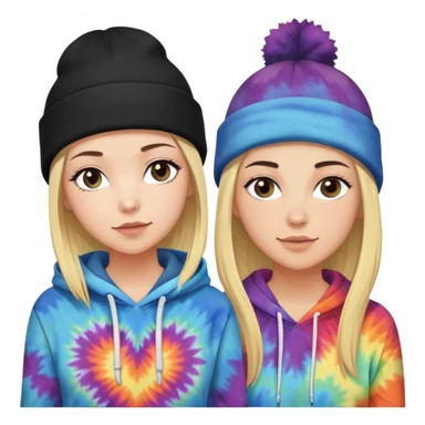 short haired white woman with brunette hair and a black beanie in love with a long haired blonde white woman with a black beanie on and tiedye hoodie sticker