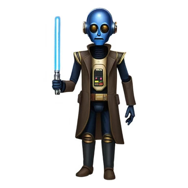 well-equipped jedi first order human-sized darkblue-pearl C3po as a friendly bounty hunter droid wearing a leather attire old west duster coat holding light saber ready  sticker