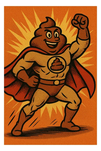 poop man superhero, heroic pose, cartoon style, bold comic illustration sticker