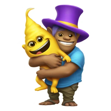 Flamboyant little troll with big part hugging a minion sticker