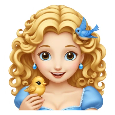 Cinematic Adorable Cinderella Portrait Emoji, Giggling softly while holding a tiny bluebird, golden curls bouncing, eyes sparkling with joy, wrapped in a soft golden glow, exuding warmth and charm, an irresistible blend of beauty and playfulness! sticker