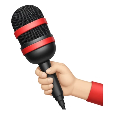 hand holding black stage microphone with red strip on bottom sticker