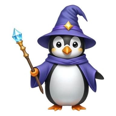 Penguin wearing wizard hat and robe holding a magic wand sticker