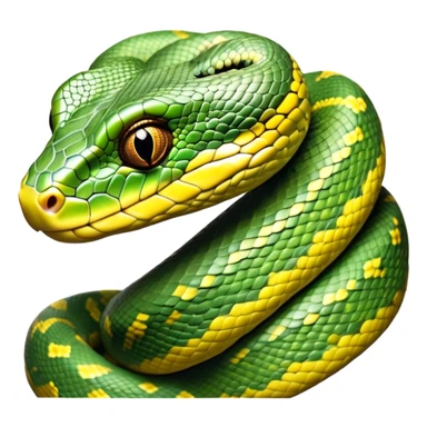 cinematic-green tree python-realistic-full-body-coiled-emoji,-thick-scaled-body-looped-tightly,-intricate-brown-and-gold-patterned-scales-reflecting-light,-head-tilted-dramatically,-slitted-eyes-staring-calmly,-simplified-yet-realistic-focused-feature sticker