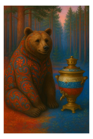 Add subtle Russian flag colors (white, blue, red) to the samovar or background, keeping the realistic style and pine forest setting. Maintain the realistic style with pine forest background and integrate the flag colors subtly on the samovar or in the background. sticker