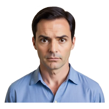Man in his 40s with wide square face, marked jawline, full cheeks, looking incredulous with raised eyebrows, skeptical expression, medium dark brown eyes widened in disbelief, thick natural eyebrows, wide nose, mouth in a doubting smirk, short neat dark hair, wearing a blue button-up shirt sticker