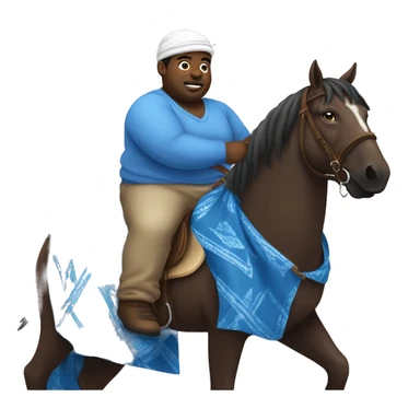 Fat black man wearing dirty blue bandannas and clothes riding a horse sticker