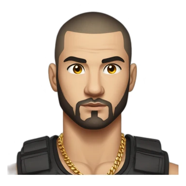 Russian muscular thug man aged 26 wearing gold chain with black hair buzz cut and short beard sticker