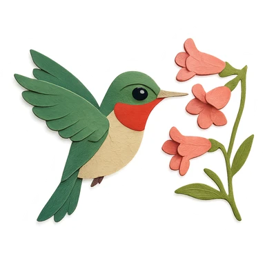 ruby-throated hummingbird in flight, delicate paper layers, hovering near pink flowers, expressive eye sticker