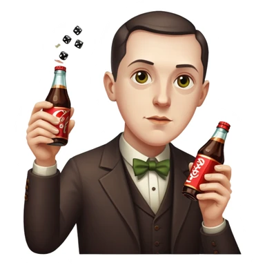writer Lovecraft holding a bottle of cola and throwing dice, emoji style, more dramatic expression sticker