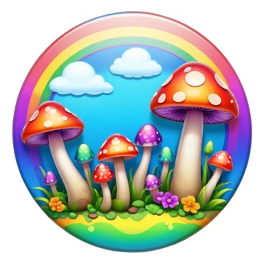 A round psychedelic colored button with bezeled edges and rainbow colored mushrooms sticker