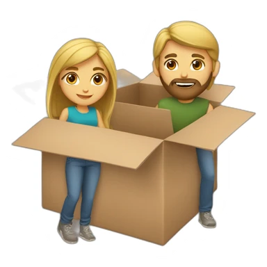 Brown hair girl and blond bearded in moving box sticker