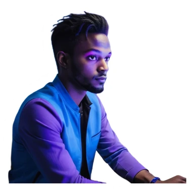 Développeur homme noir, dans un espace de coworking moderne, lumière néon bleue et violette, reflet sur son visage concentré, code affiché sur plusieurs écrans, légère profondeur de champ, ambiance professionnelle, style cinématique 4K, détails précis, peau naturelle, contraste fort. sticker