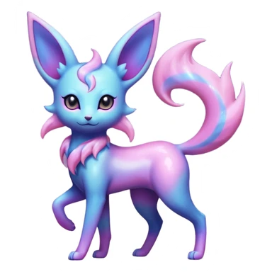 Shiny Iridescent Nebulae Espeon-Umbreon-Sylveon-Fakémon-hybrid-creature (full body)  with a galaxy-dust-flowing-gradient-tail sticker
