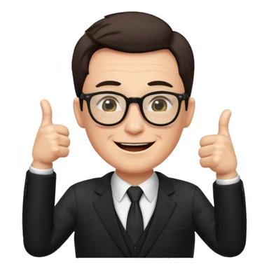 un PROFESOR con terno negro que este parado con sus lentes guiñando el ojo y CON LAS MANOS HACIA ARRIBA DANDO LIKE sticker