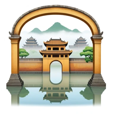 Cinematic Realistic Imperial City of Hue Landmark Emoji, capturing the ancient citadel’s weathered walls, intricate gates, and traditional Vietnamese architecture, surrounded by a misty, tranquil moat. sticker