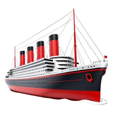 A 3D stylized Titanic ship in Apple emoji style, smooth and glossy surface, clean white and black colors with red accents, large expressive windows but no face, sailing on calm ocean with soft lighting, Pixar-quality render, minimal and elegant design, isolated on studio background.

 sticker