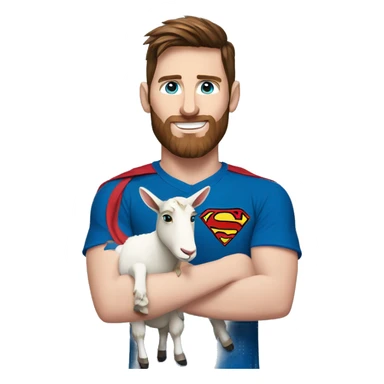 Messi holding a goat, redish hair redish beard, blue eyes, wearing a superman outfit sticker
