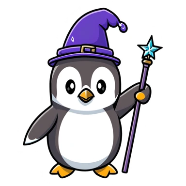 cute penguin wizard with magical sparkles, holding a magic staff sticker