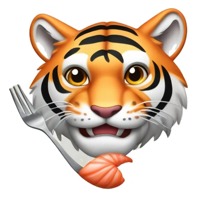 a muscular grinning tiger holding a fork poking into a fillet of salmon with the tip of its paws sticker