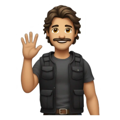 A stereotypical Portuguese young man waving with a big smile, a mustache and a brown mullet, wearing a black t-shirt and a chest vest sticker