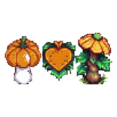 heart split in half with a mushroom motif on one side and a pumpkin motif on the other, pixel art style sticker