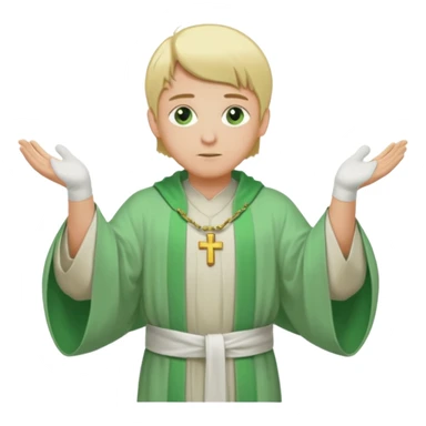 a priest, green eyes, blonde hair, light green wide, flowing outer robe. opening arms, gazing thoughtfully. Soft light, subtle fern. Waist-up, profile. sticker
