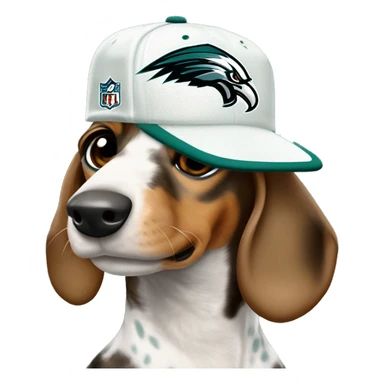 Miniature Tri Merle Light Brown Spotted Dachshund wearing Philadelphia Eagles Hat with C on Jersey sticker
