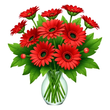 bouquet Bright Red Gerbera Daisy, luxuriant, leaf, bud sticker
