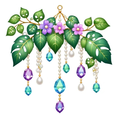 Exotic romantic Few cute tiny Iridescent glistening glossy sparkly shiny glittery hanging crystals pearls and beads and gemstones scenery scenic decorations with ivy and flowers sticker