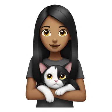 girl with black hair holding a black and white cat sticker