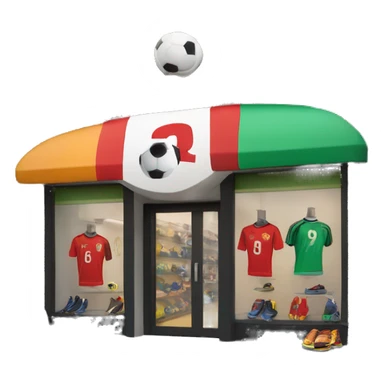 “Soccer store exterior with bold signage, large windows showcasing football gear, jerseys, and accessories, and a dynamic, athletic design reflecting the energy of the sport.” sticker