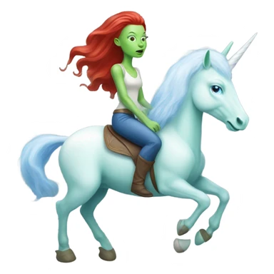 [(a light green Amazon alien woman with red hair with blue eyes) on a (four-legged white unicorn with a light blue mane)] sticker