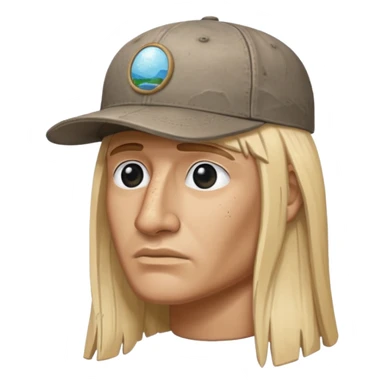 Easter island head rock with long blonde hair and a backwards baseball cap sticker
