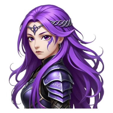 A mysterious warrior girl with long, flowing purple hair cascading down her back, strands catching the dim light like silk. Her piercing violet eyes glow. She wears sleek black armor, a perfect fusion of elegance and lethality, adorned with intricate silver engravings resembling ancient runes.  sticker