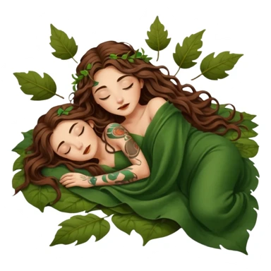 sleepy moon druid woman long wavy brown hair tattoos in leaf blanket sticker