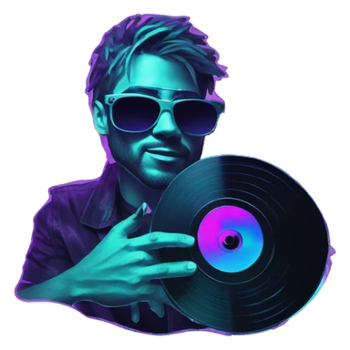 A dj wearing sunglasses playing music holding a cd record record, vinyl, oilslick holographic blacklight inverted graffiti dark dull sticker