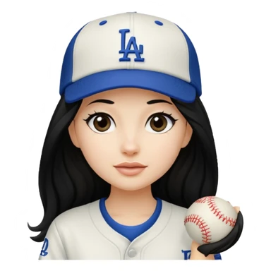 Can you make an emoji of a girl with fair skin with black long hair wearing an LA dodger hat sticker