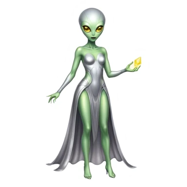 alien woman light green skin in silver dress Yellow eyes, full body  sticker