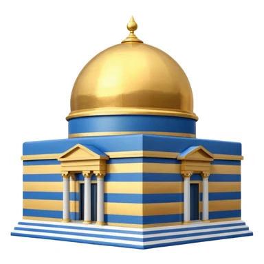 cubic temple with blue horizontal stipes on the side and a golden dome on top. The temple has no pillars and the dome has now spiral on top sticker
