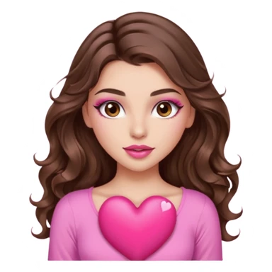girl with long wavy brown hair, brown eyes, long lashes makeup, sexy pink lips, light to medium complexion, wearing a pink sexy top, squeezing a big heart sticker