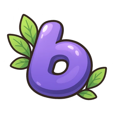plump vibrant Boosty logo cartoon style purple b without lightning bolt cutout bold outline expressive shadows glossy highlights no background bright leaves arranged neatly behind logo one side slightly higher other slightly lower not symmetrical sticker